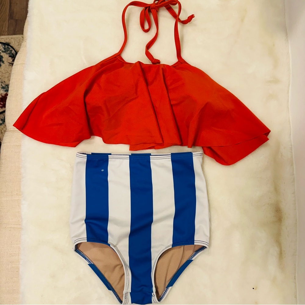 Kortni Jeane Red Halter Top Blue & White Striped High Waist Bottoms Size 4/5
